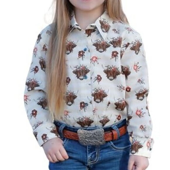 Cruel Girl's XXL Long Sleeve Highland Cow Floral Print Snap Western Shirt - Picture 1 of 3